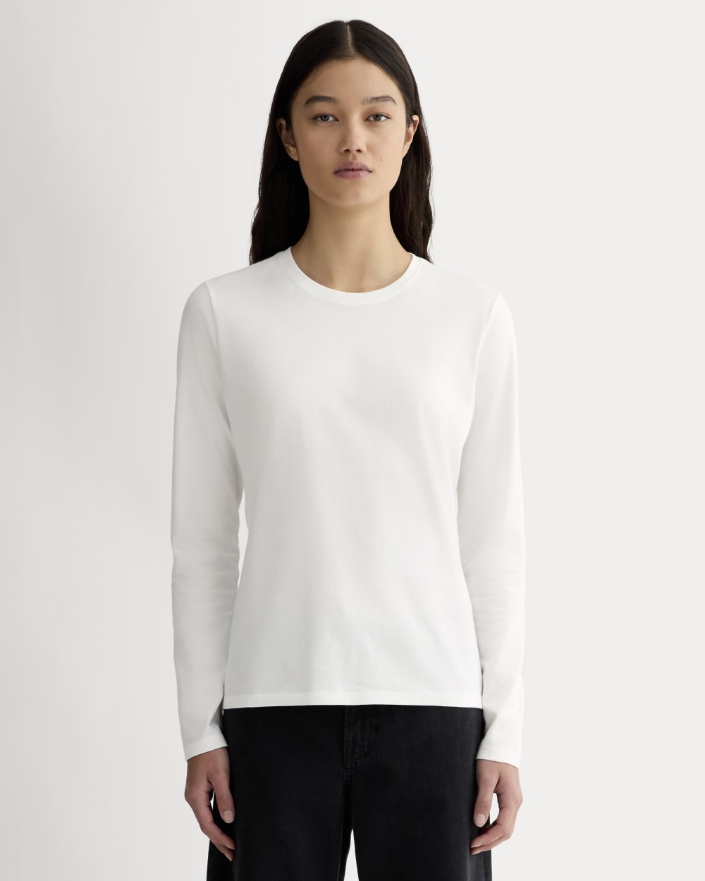 The Slim Long-Sleeve Crew in Essential Cotton in White — front view