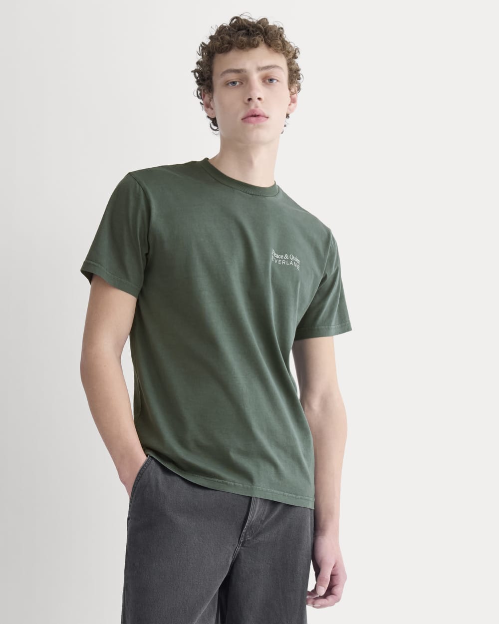 Everlane x Peace & Quiet Graphic Logo Tee in Pine — front view
