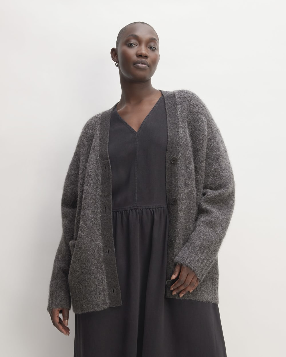 The SuperFuzz Alpaca Cardigan in Dark Charcoal — front view