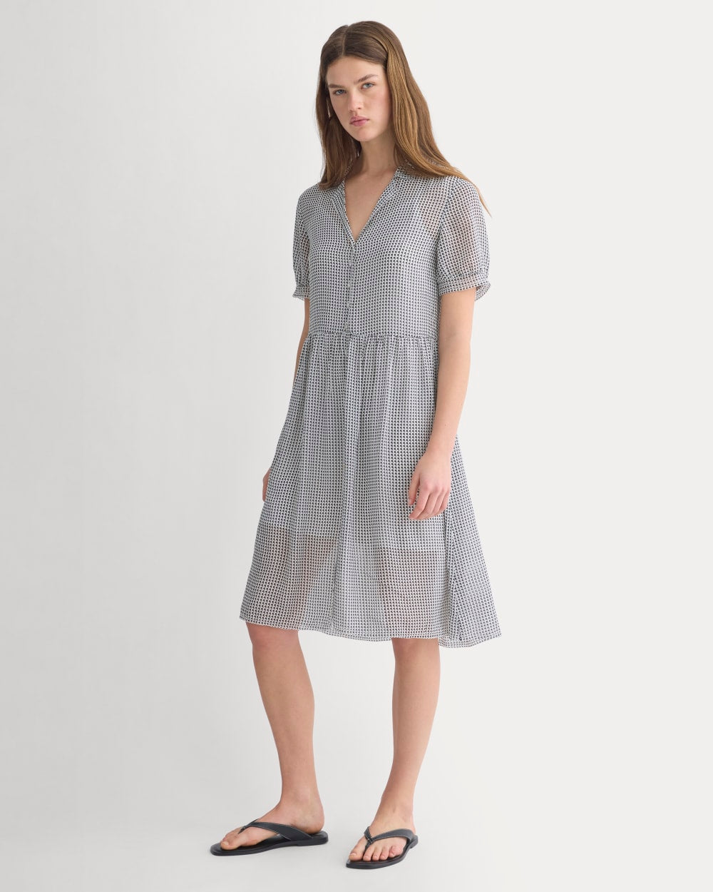 Notch Collar Shirtdress in Silk Georgette in Gardenia/Black Micro Dot — front view