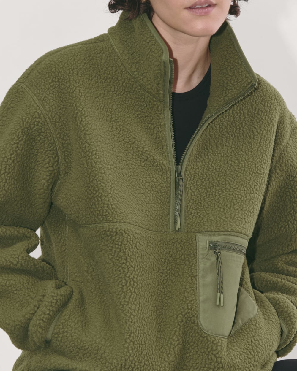 The ReNew Fleece Oversized Half-Zip in Kalamata — detail view