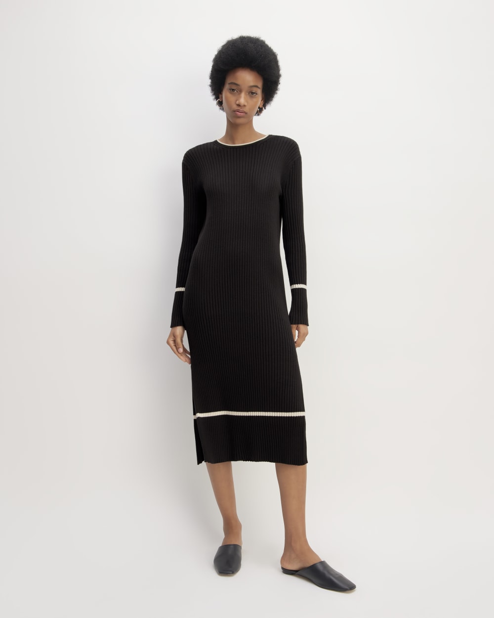 The Cotton Wide Rib Midi Dress in Black — front view