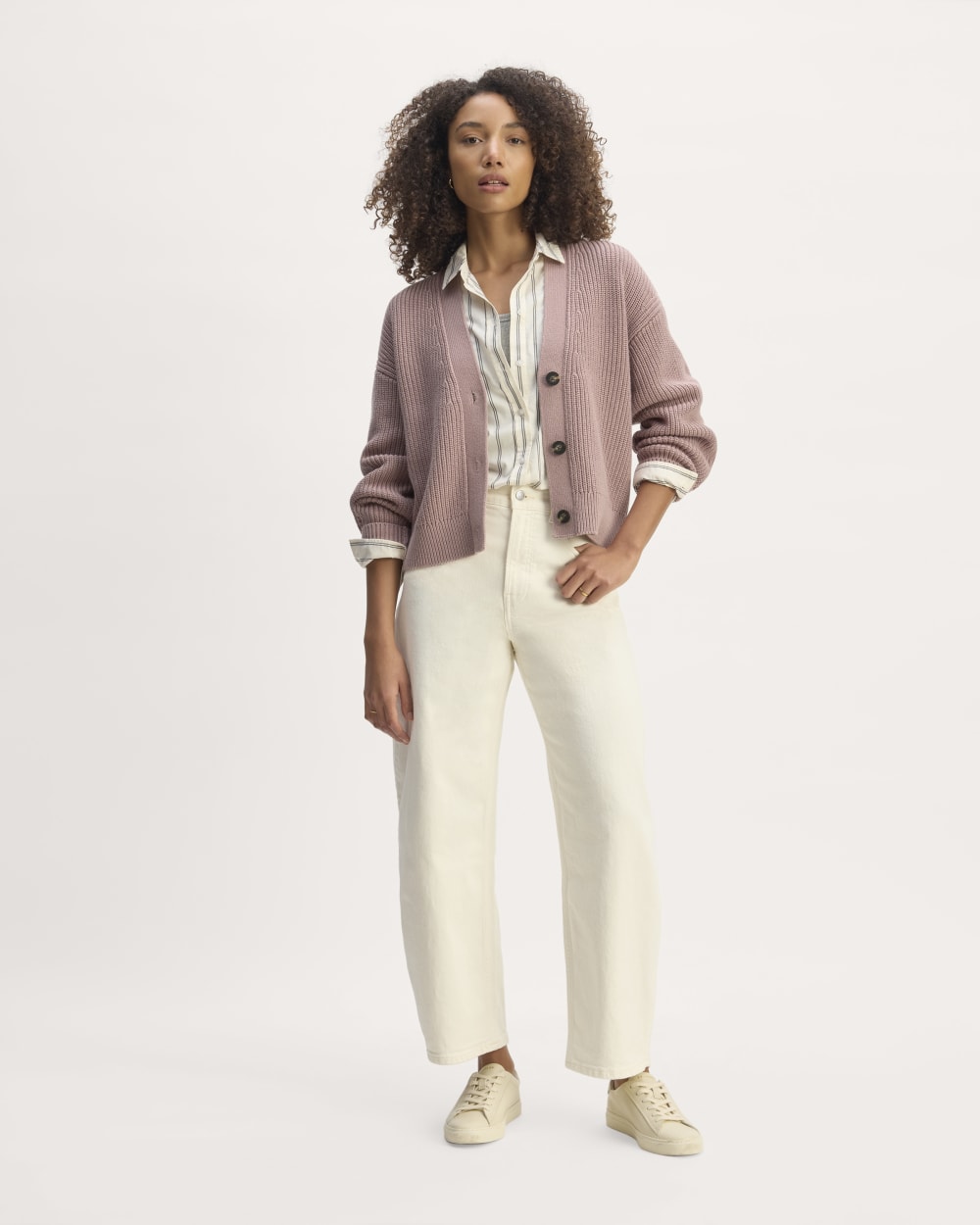 The Boxy Cardigan in Everyday Cotton in Dusty Rose — detail view