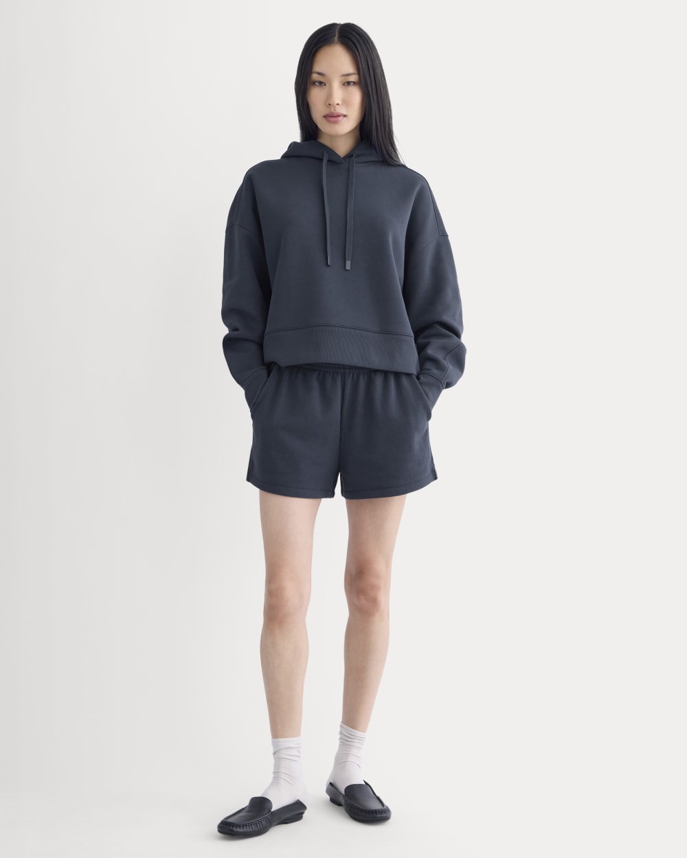 Cropped Luxe Fleece Hoodie in Navy — detail view