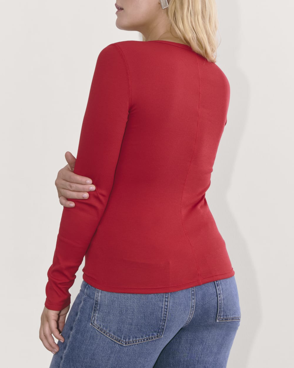The Luxe Rib Long-Sleeve Crew in Berry Red — detail view