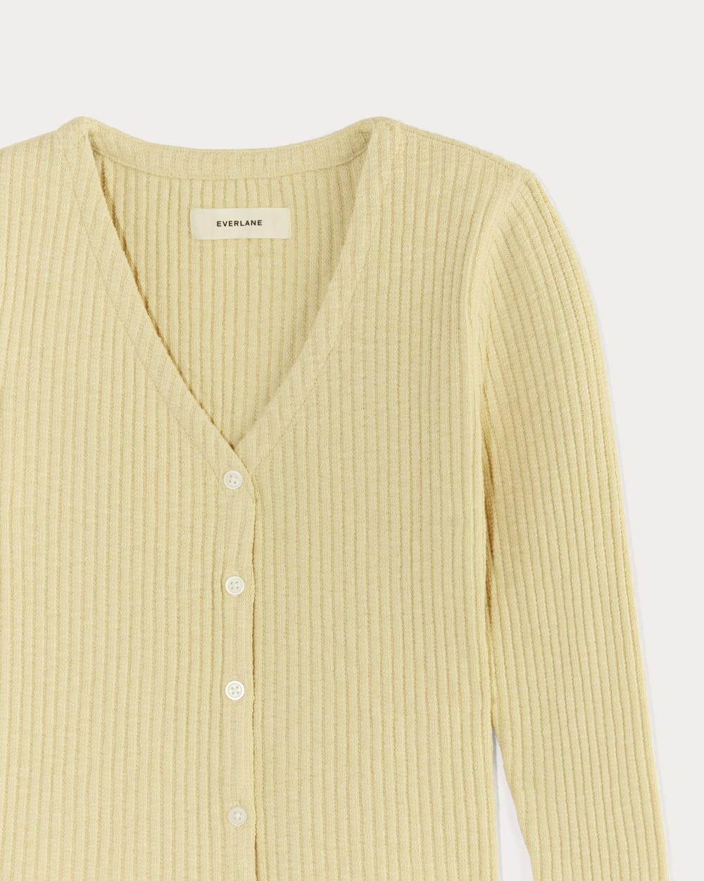 The Cozy Rib Cardigan in Banana Crepe — detail view
