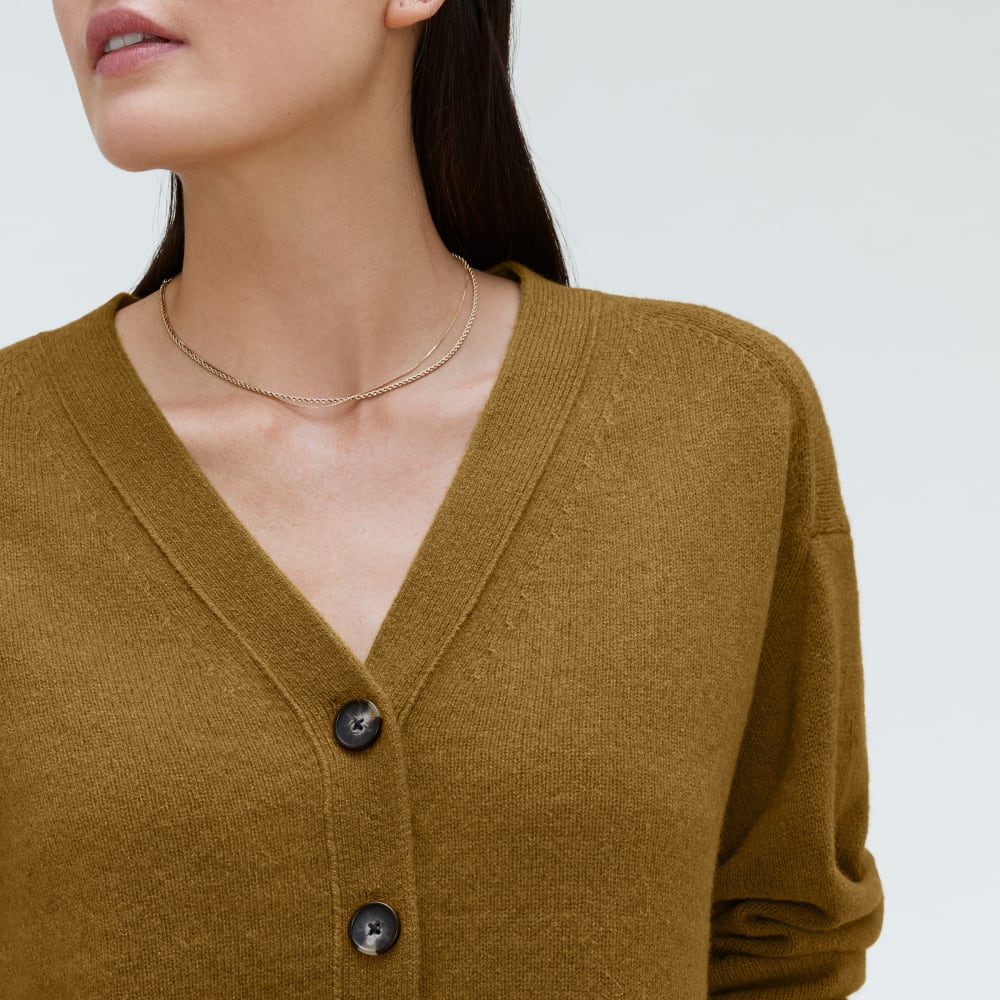 The Cashmere Cardigan in Tapenade — detail view