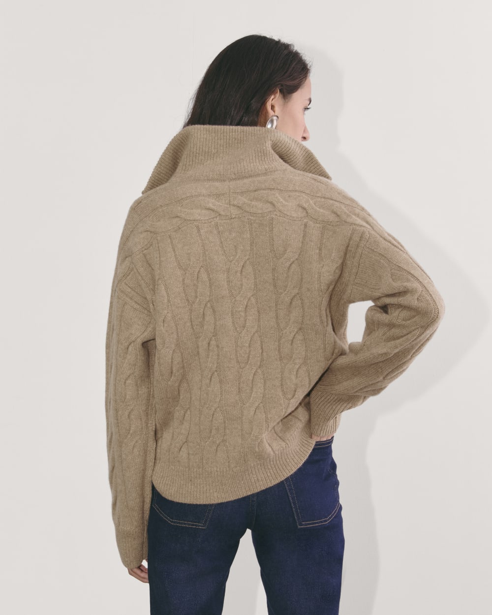 The Cable Half-Zip in Luxe Merino in Oat Melange — detail view