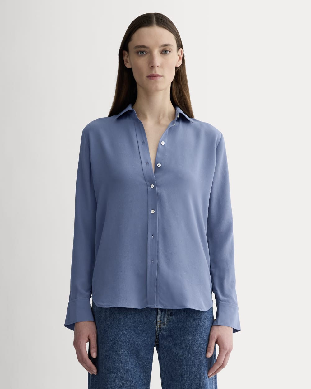 The Must-Have Shirt in Washable Silk in French Blue — front view