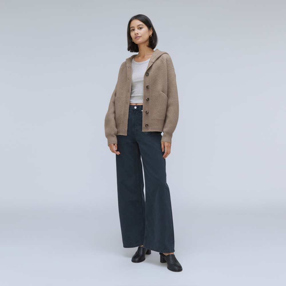The Cozy-Stretch Hooded Cardigan in Taupe Grey — detail view