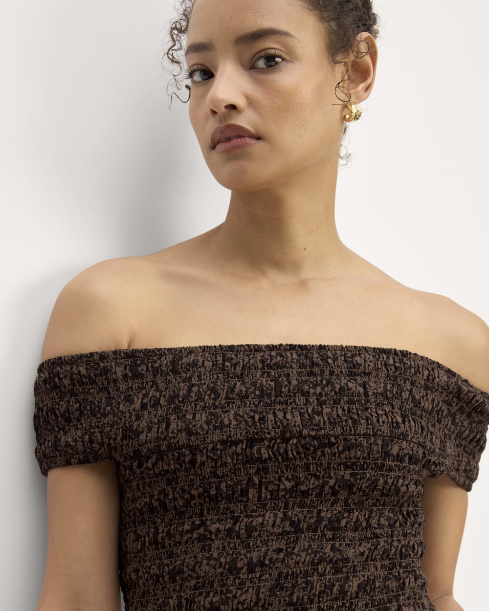 The Gauze Off-the-Shoulder Dress in Black / Cocoa Small Floral — detail view