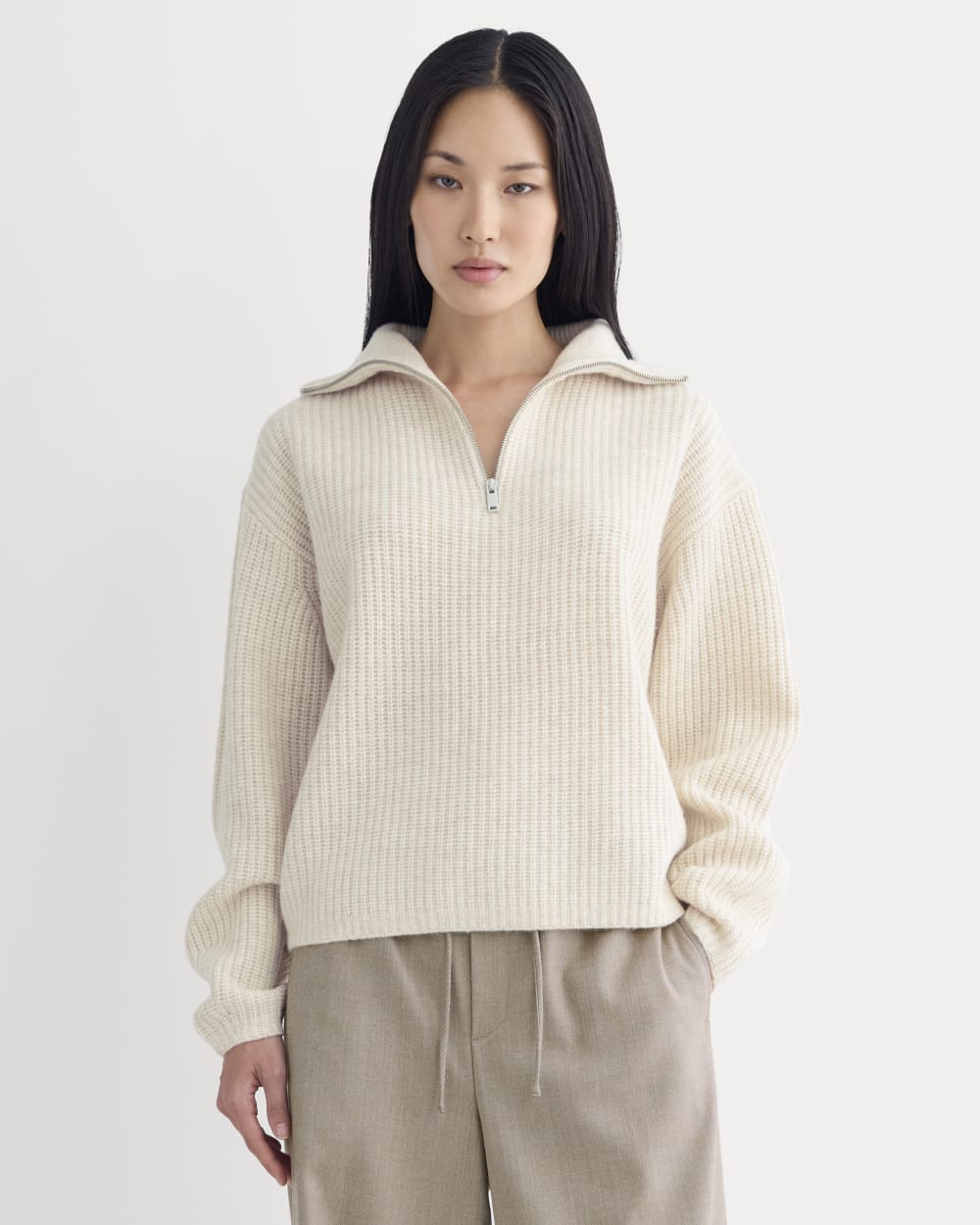 The Half-Zip Sweater in Luxe Merino in Heathered Oat — detail view