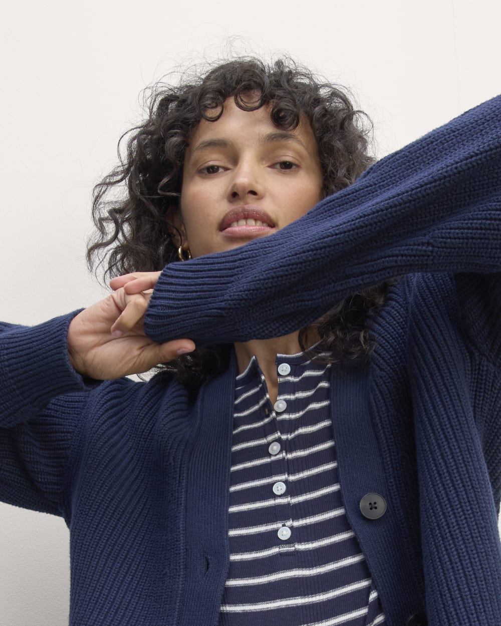 The Boxy Cardigan in Everyday Cotton in Navy — detail view