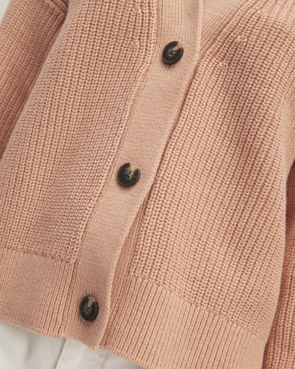 The Boxy Cardigan in Everyday Cotton in Blush Pink — detail view