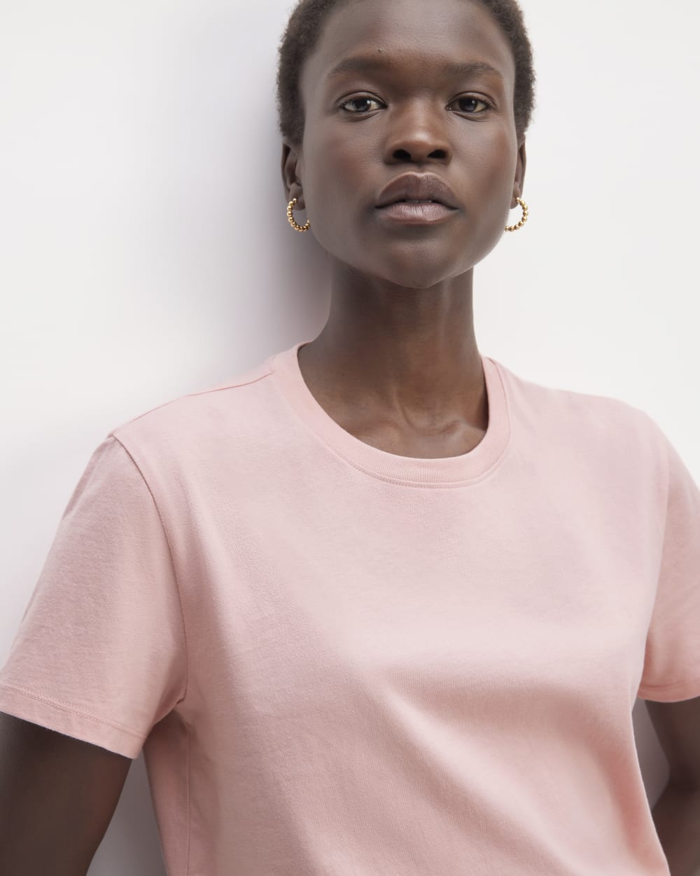 The Box-Cut Tee in Essential Cotton in Rose Pink — detail view