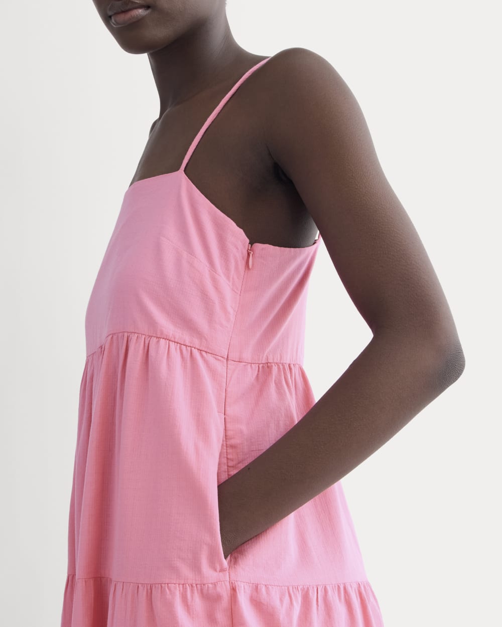 The Gauze Tiered Dress in Deep Pink — detail view