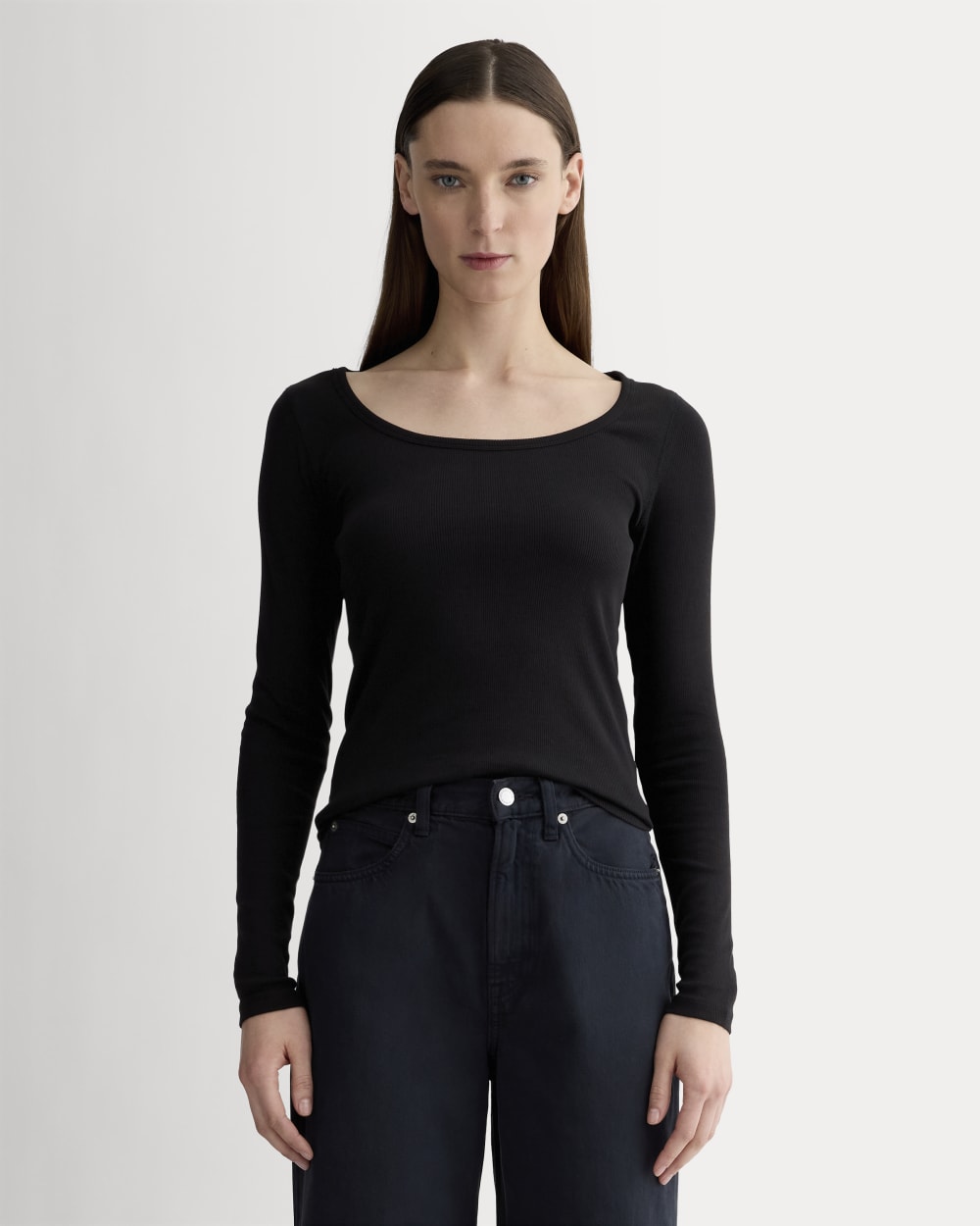 The Luxe Rib Long-Sleeve Scoop-Neck Tee in Black — front view