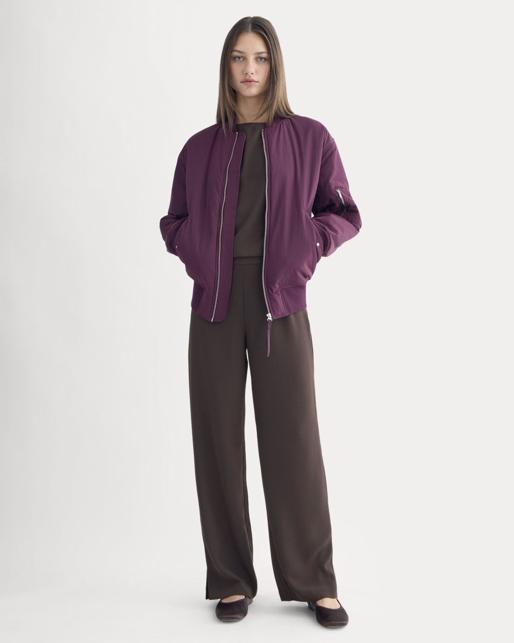 Drapey Crepe Pant in Dark Chocolate — front view
