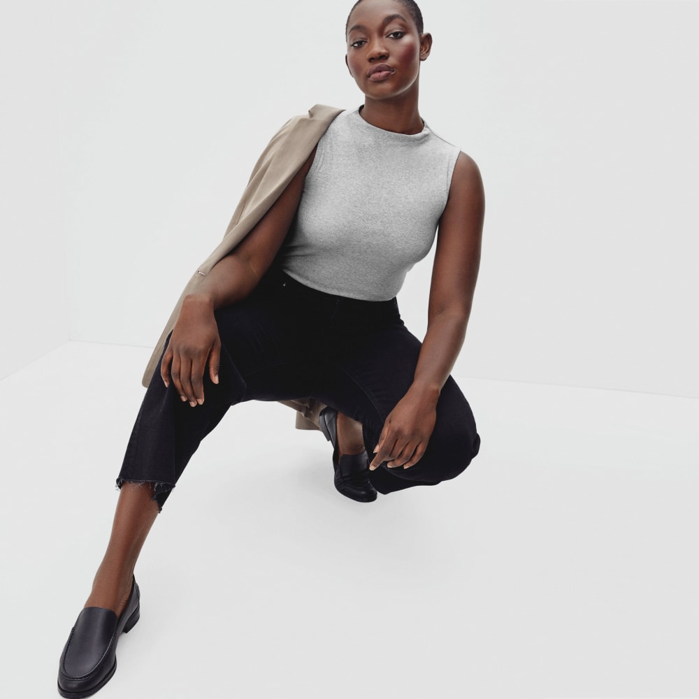 The Pima Micro-Rib Funnel-Neck Tank in Heathered Grey — detail view
