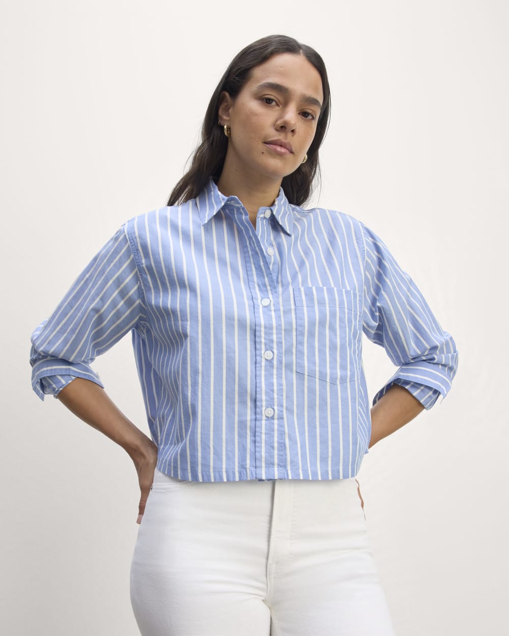 The Way-Short Shirt in Silky Cotton in Mariner Blue / White — front view