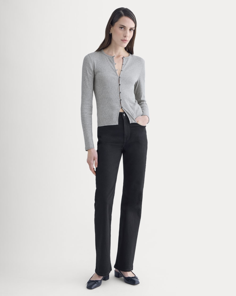 Luxe Rib Button-Up Top in Heathered Light Grey — detail view