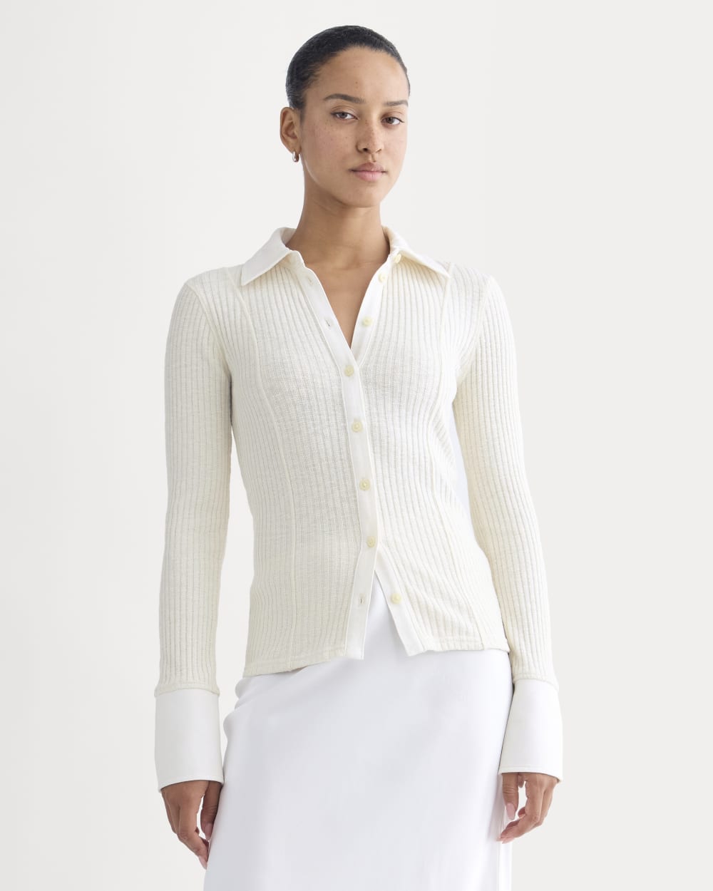Cozy Rib Button-Up in Bone — front view