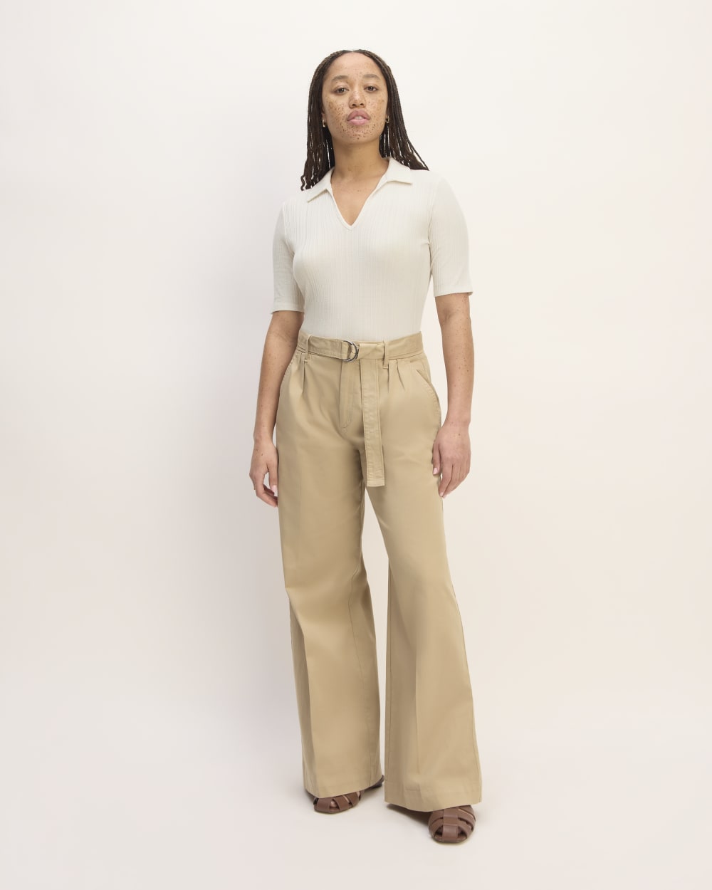 The Rib Soft Knit Open Collar Polo in Bone — detail view