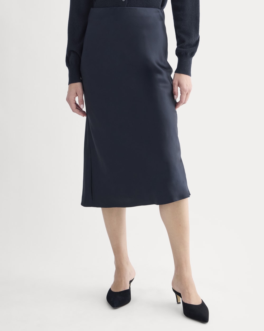 Slip Skirt in Silk Charmeuse in Navy — detail view