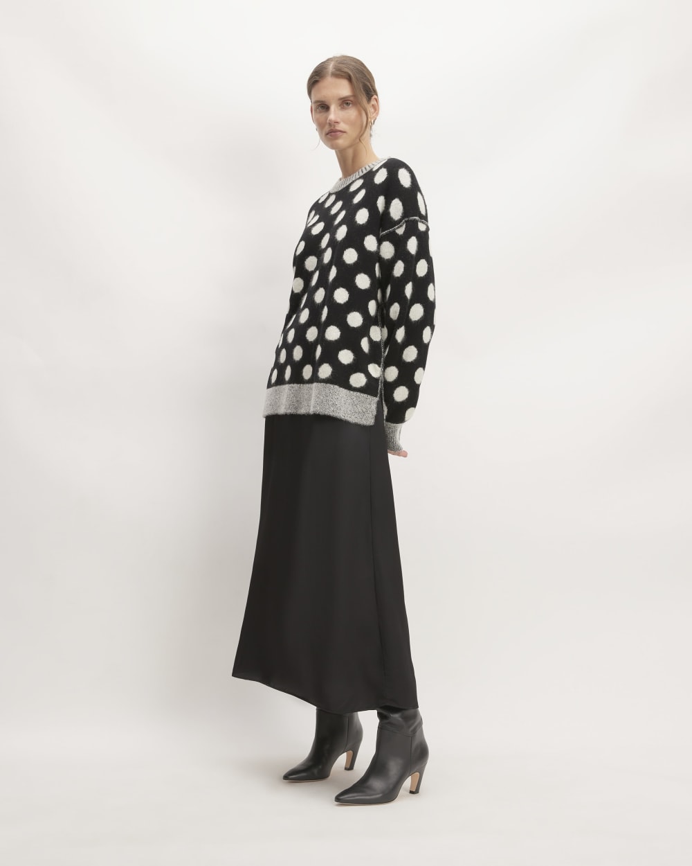 The Alpaca Polka Dot Oversized Crew in Black / Snow Polka Dot — detail view