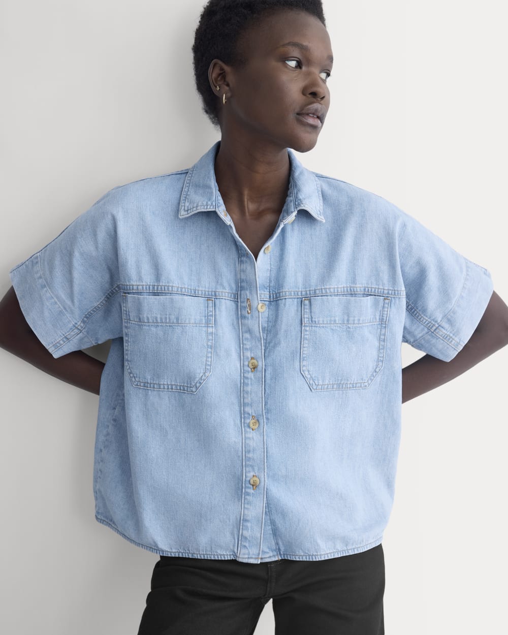 Cropped Boxy Denim Shirt in Light Indigo — front view