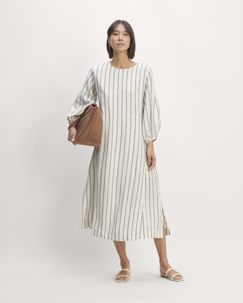 The Linen A-Line Midi Dress in Bone/Navy — front view