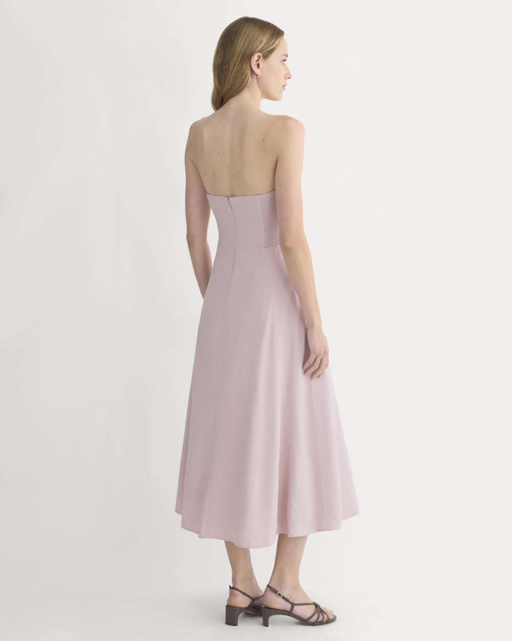 Strapless Dress in Stretch Linen in Burnished Lilac — detail view