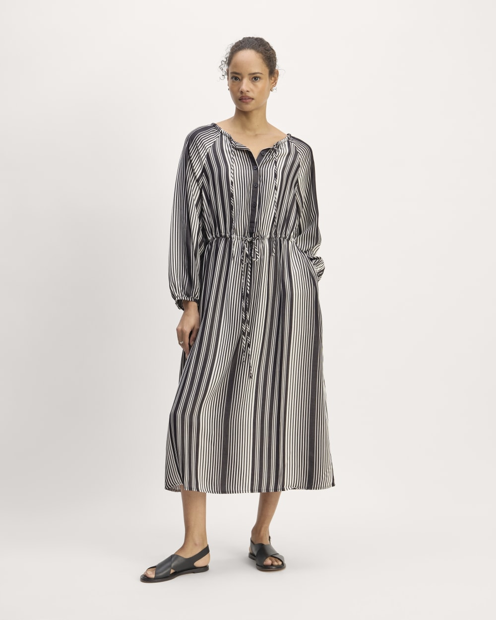 The TENCEL™ Gathered Maxi Dress in Black / Bone — front view