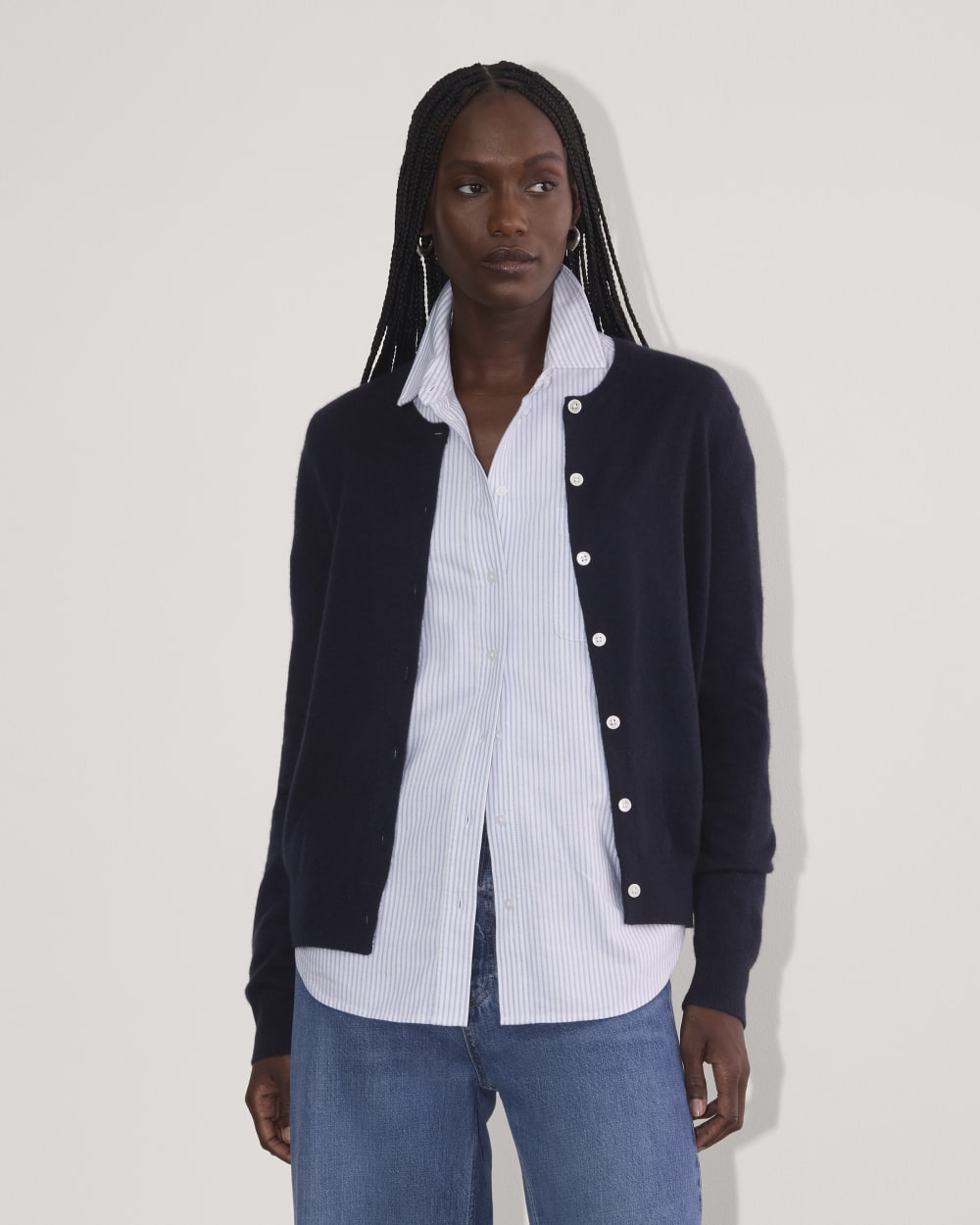 The Classic Cardigan in Cashmere in Navy — front view