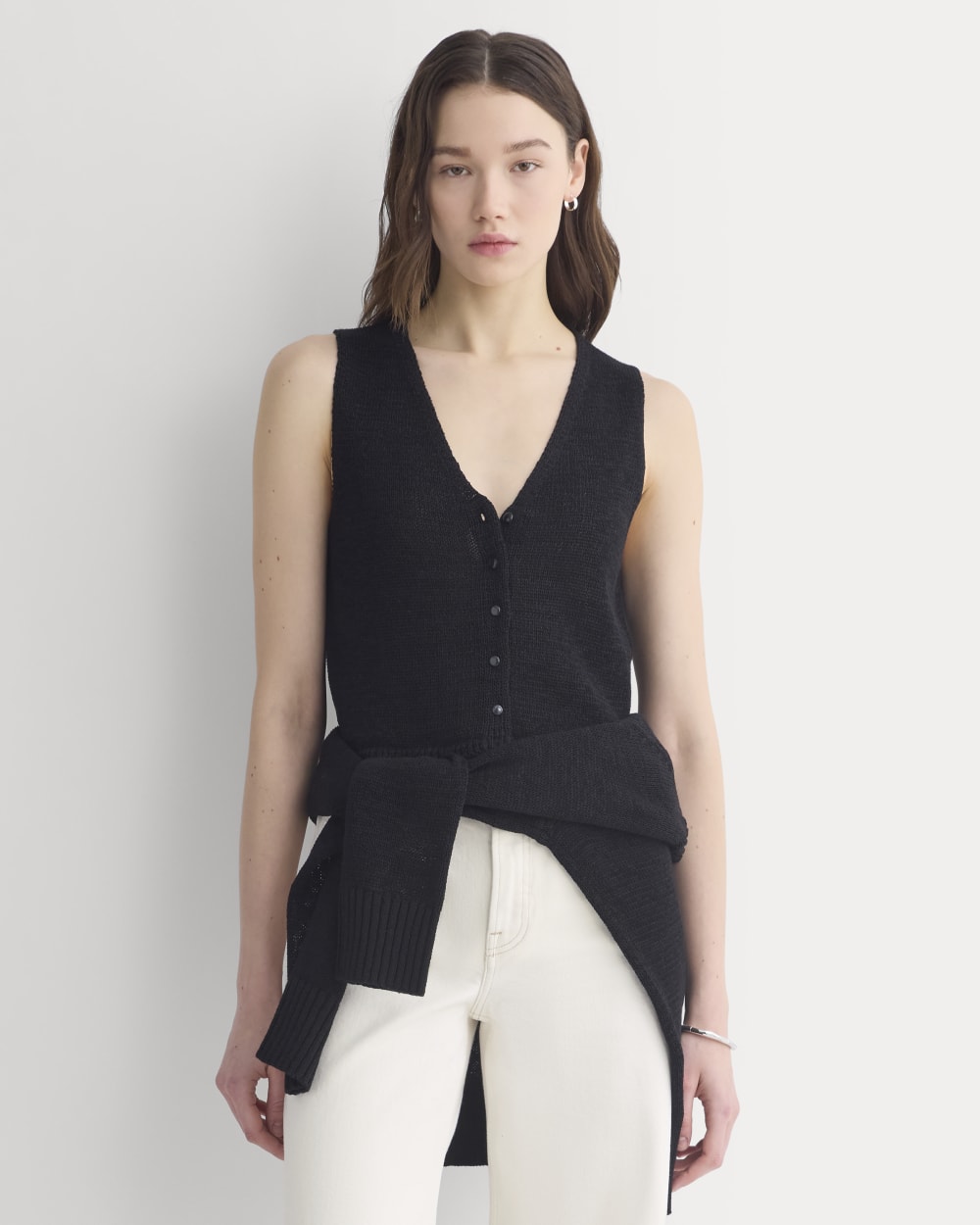 Button-Front Tank in Tape Yarn in Black — front view