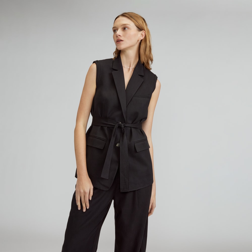 The Sleeveless Blazer in Buttersmooth in Black — front view