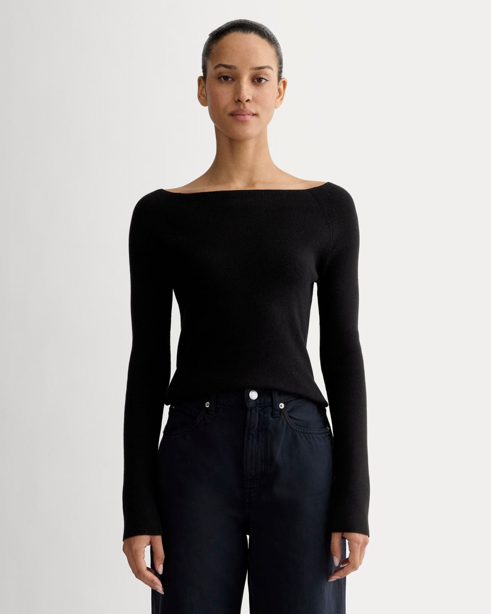 The Knit Boatneck Top in Black — front view