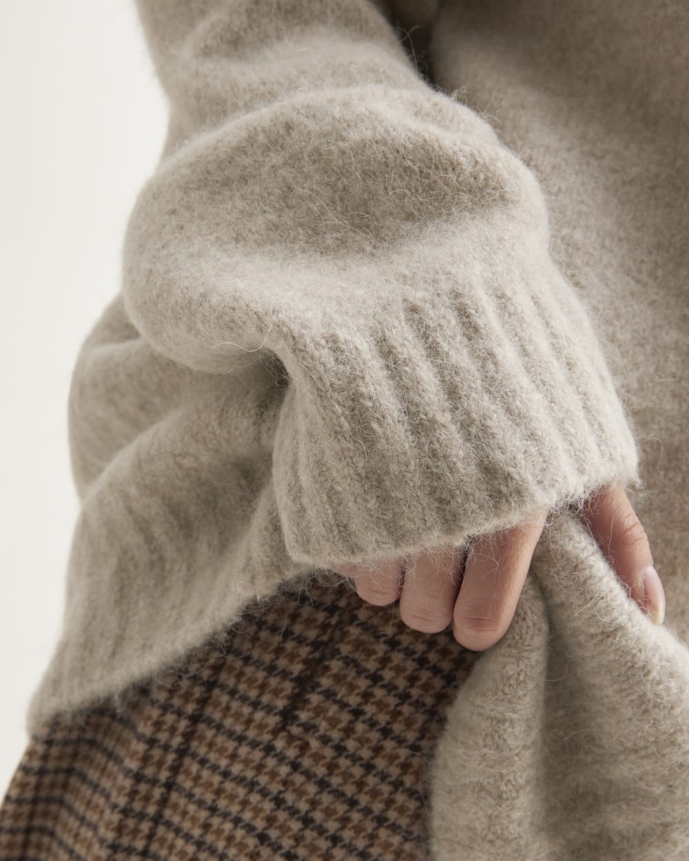 The SuperFuzz Alpaca Crew in Light Oat — detail view
