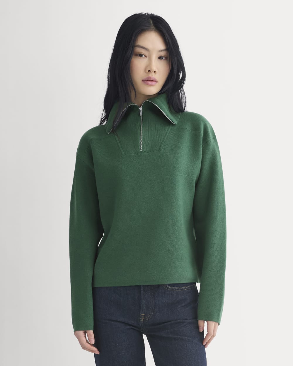 Double Knit Half-Zip in Cotton Merino in Hunter Green — detail view