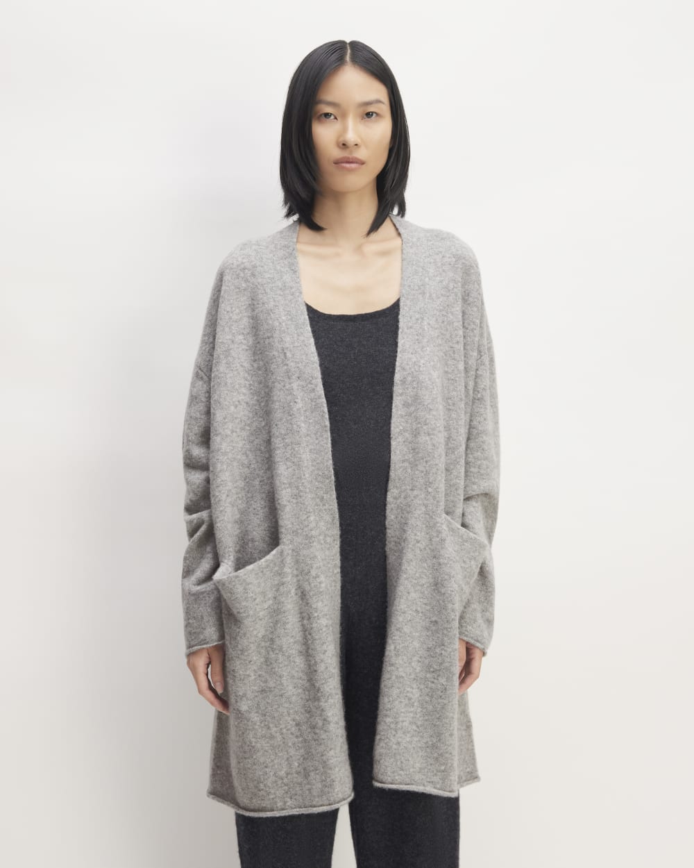 The Cozy-Stretch Long Cardigan in Heathered Grey — front view