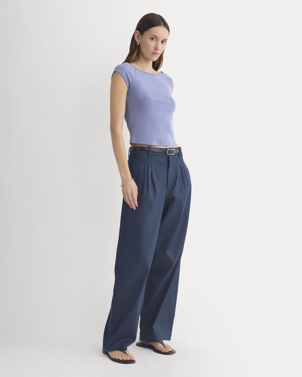 Boatneck Cap-Sleeve Top in Butterknit in Blue Dusk — detail view