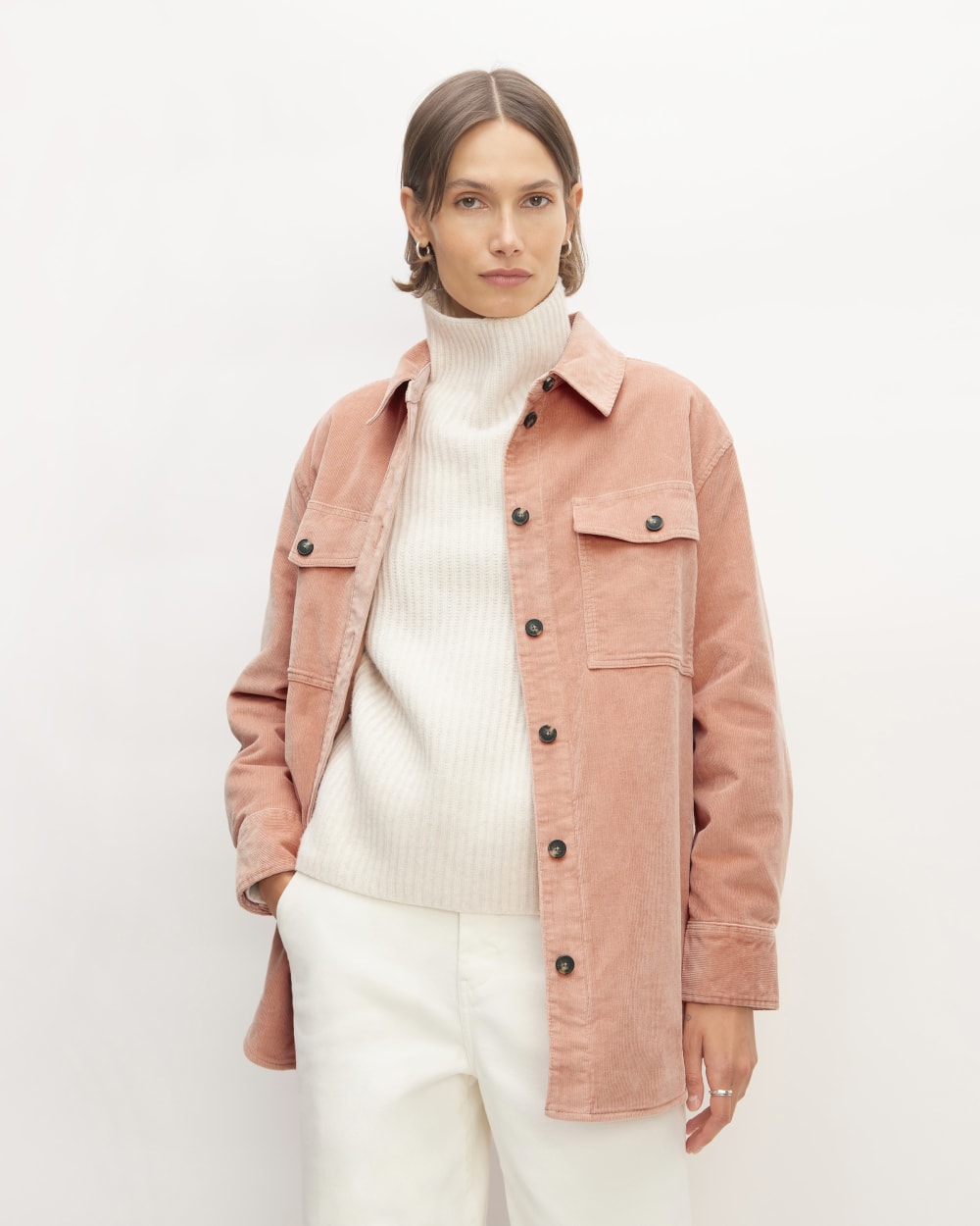 The Corduroy Oversized Shirt Jacket in Blush Pink — front view