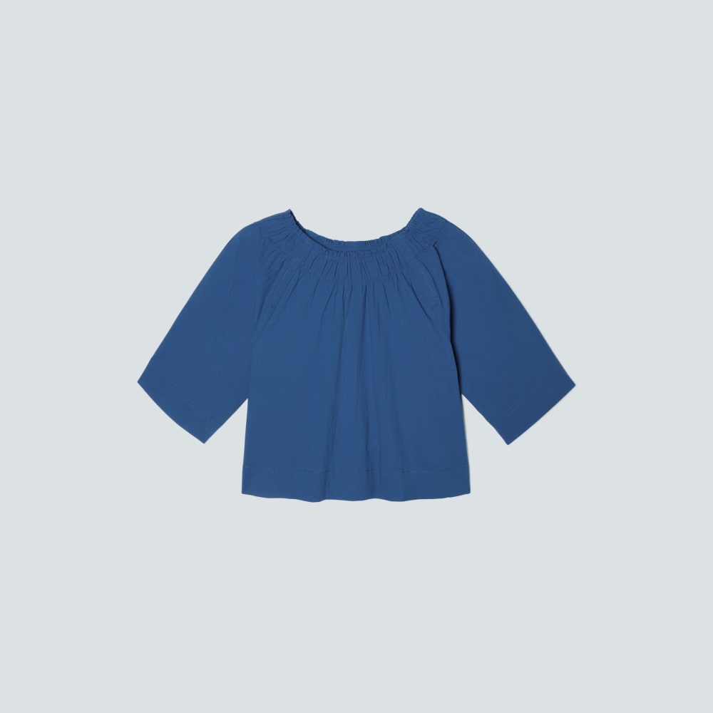 The Seersucker Gathered Tee in Deep Blue — front view