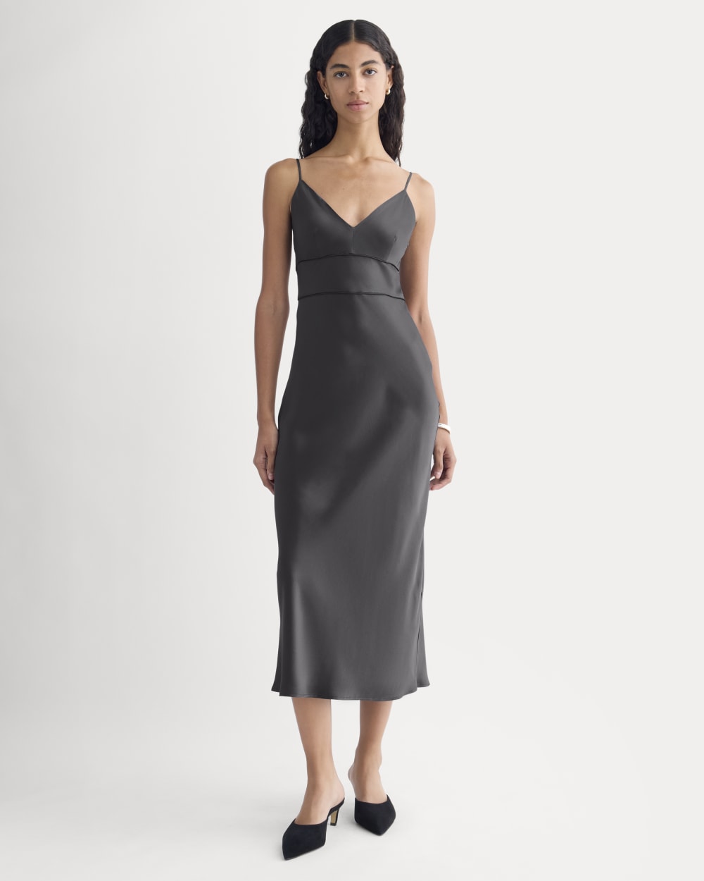 Bias Cut Slip Dress in Silk Charmeuse in Graphite — front view
