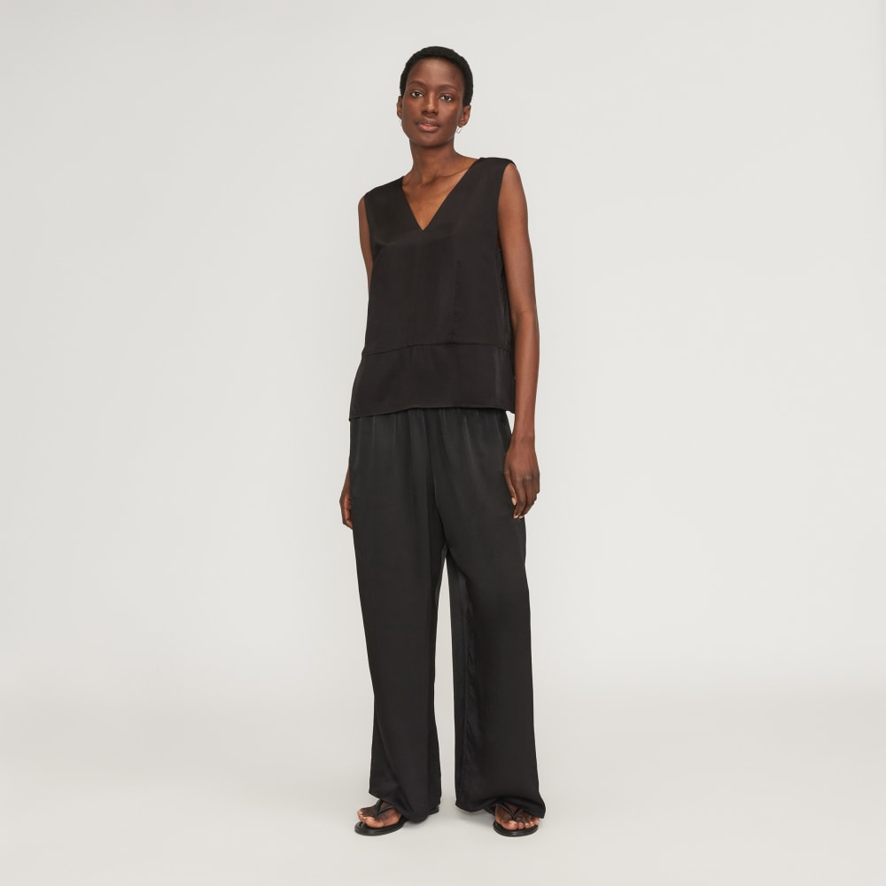 The Satin V-Neck Top in Black — detail view