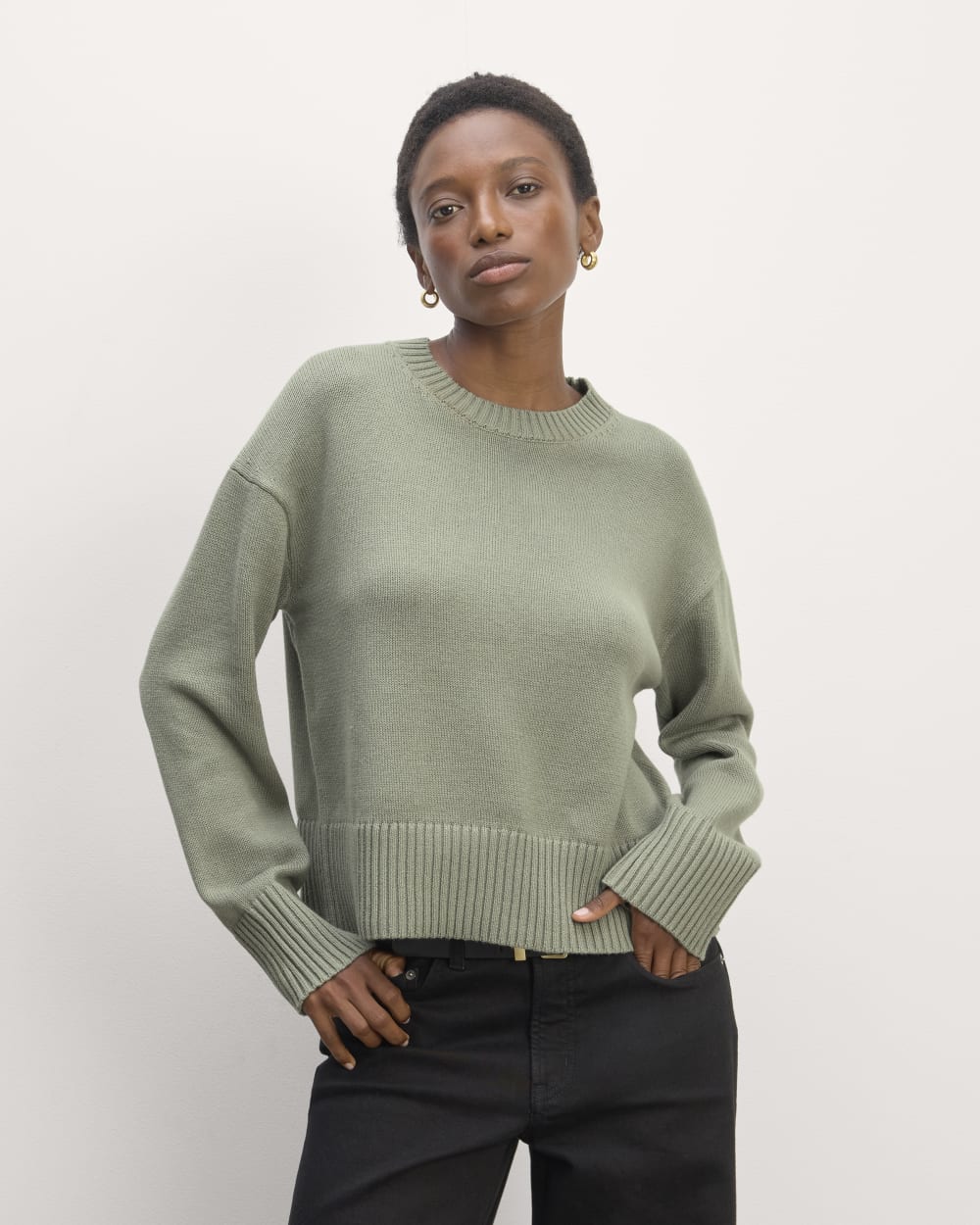 The Boxy Sweater in Everyday Cotton in Sage Green — front view
