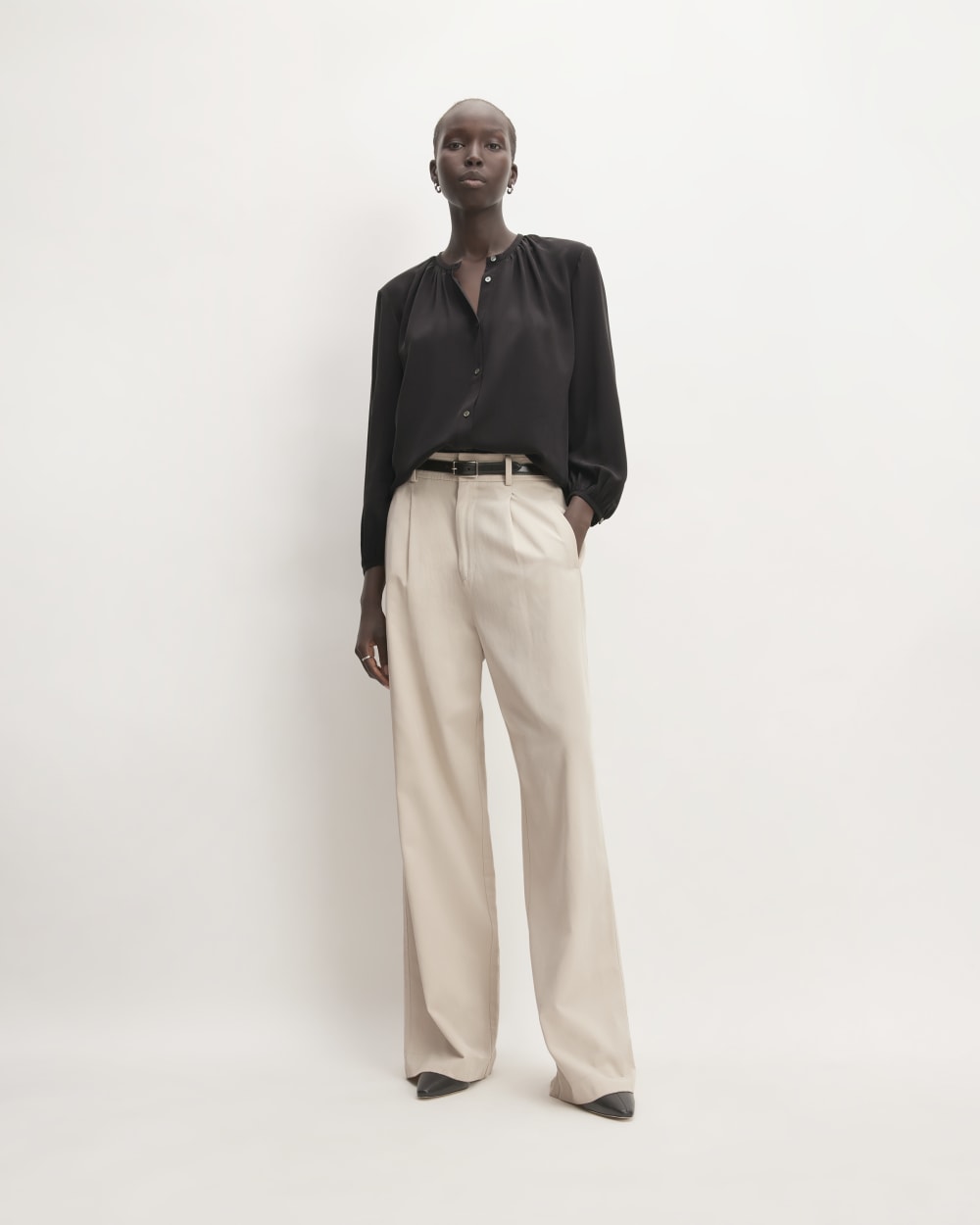The Washable Clean Silk Shirred Blouse in Black — detail view