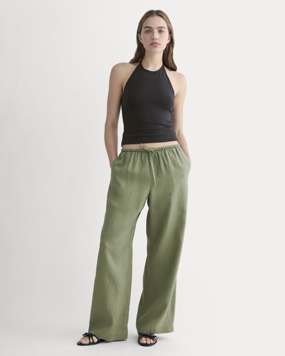 The Drawstring Pant in Linen in Lichen Green — front view