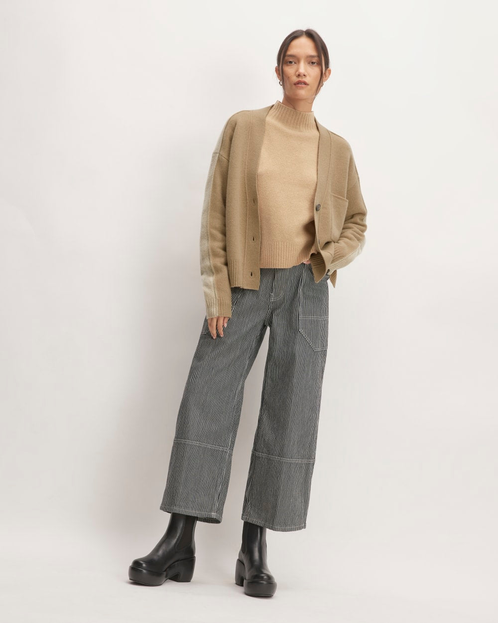 The Good Merino Wool Cardigan in Light Camel / Dark Oat — detail view