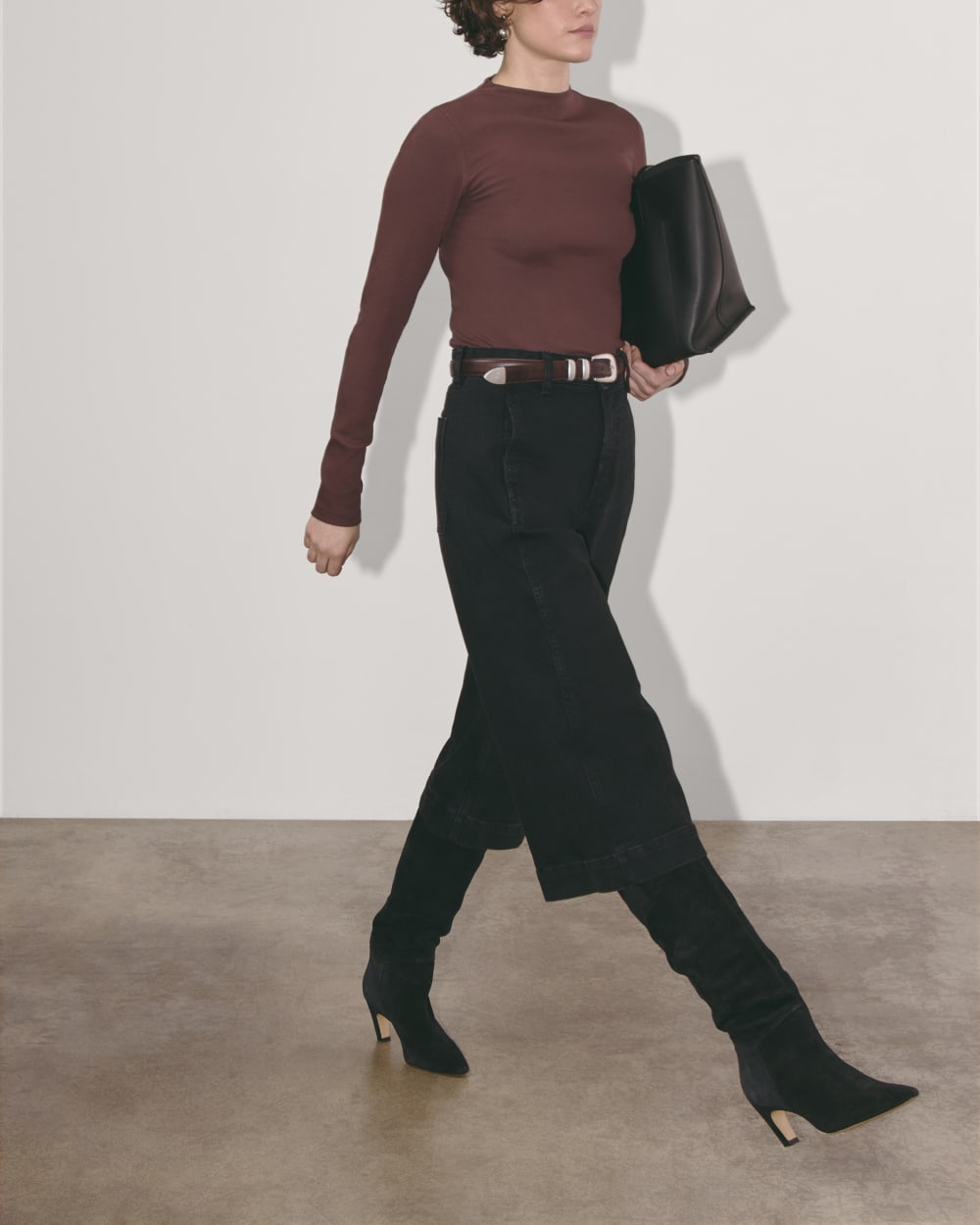 The Luxe Rib Funnel-Neck Tee in Dark Mahogany — detail view
